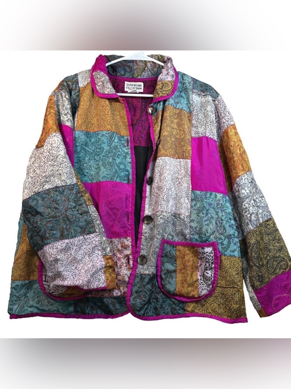 Tantrums Silk Multicolor Patchwork Jacket Size M Boho Boxy Buttons